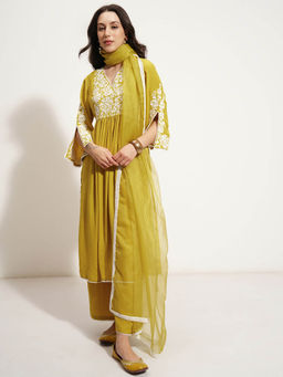 VISHUDH - Women Yellow Embroidered Straight Kurta with Palazzo and Dupatta