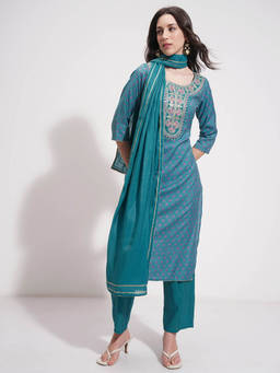 VISHUDH - Women Blue Embroidered Kurta with Pant and Dupatta