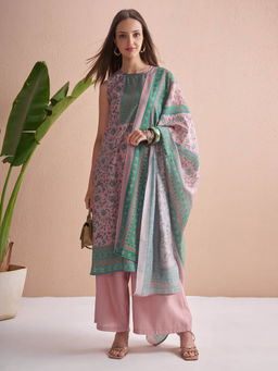VISHUDH - Women Floral Printed Sleeveless Straight Kurta With Pant And Dupatta
