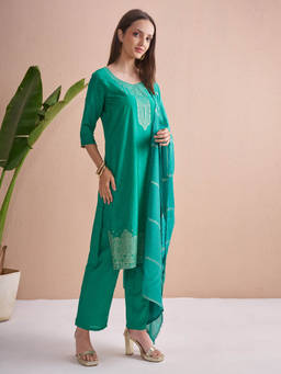 VISHUDH - Women Green Straight Jacquard Kurta with Pant and Dupatta