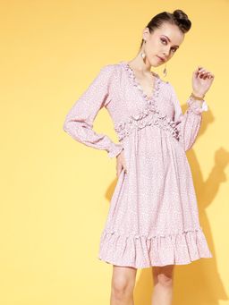 AAREIN - Pink Full Sleeves V-Neck Printed Flared Casual Dress
