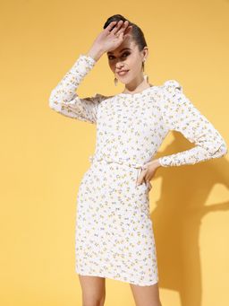 AAREIN - White Full Sleeves Round Neck Floral Printed Bodycon Casual Dress