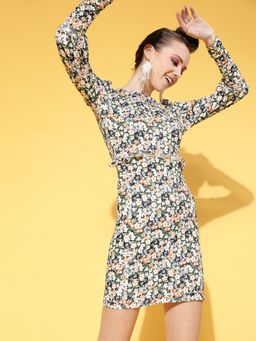 AAREIN - Green Full Sleeves Round Neck Floral Printed Bodycon Casual Dress