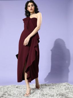 AAREIN - Burgundy Full Sleeves One Shoulder Solid Maxi Party Dress
