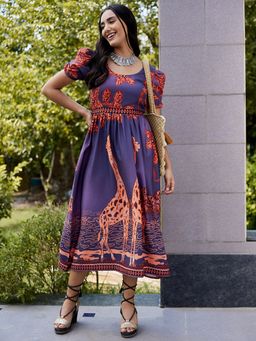 AAREIN - Purple Half Sleeves Round Neck Printed A-Line Casual Dress