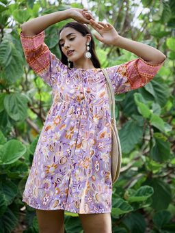 AAREIN - Lavender Three-Quarter Sleeves Printed Shirt Casual Dress