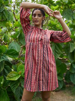 AAREIN - Brown Three-Quarter Sleeves Printed Shirt Casual Dress