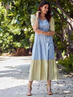 AAREIN - Yellow Half Sleeves Sweetheart Neck Printed Maxi Casual Dress