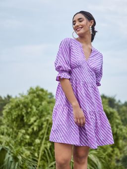 AAREIN - Lavender Three-Quarter Sleeves Mandarin Neck Striped Flared Dress