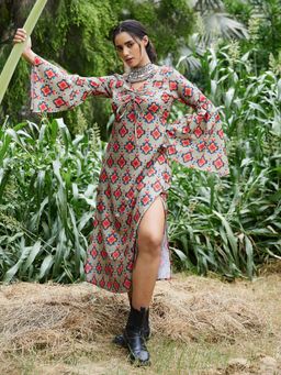 AAREIN - Green Flared Sleeves V-Neck Printed Casual Dress