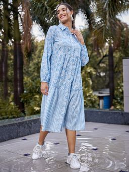 AAREIN - Sky Blue Full Sleeves Shirt Collar Printed Dress