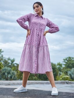 AAREIN - Purple Full Sleeves Shirt Collar Printed Dress