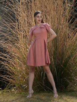 AAREIN - Peach Clay Half Sleeves V-Neck Neck Solid A-Line Casual Dress