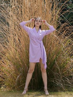 AAREIN - Lavender Three-Quarter Sleeves V-Neck Solid Wrap Casual Dress