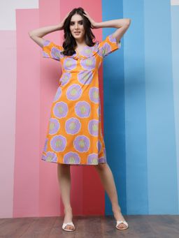AAREIN - Orange Half Sleeves V-Neck Printed Casual Dress