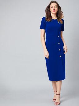 AAREIN - Cobalt Blue Half Sleeves Round Neck Solid Sheath Casual Dress