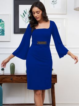 AAREIN - Cobalt Blue Sqaure Neck Solid Casual Dress