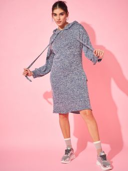 AAREIN - Blue Full Sleeves Hood Self Design Casual Dress