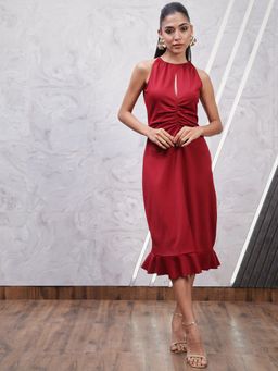 AAREIN - Maroon Sleeveless Halter Neck Solid Party Dress