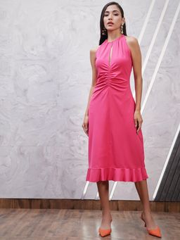 AAREIN - Pink Sleeveless Halter Neck Solid Party Dress