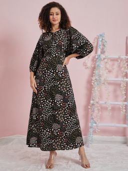 AAREIN - Black Round Neck Floral Printed A-Line Casual Dress