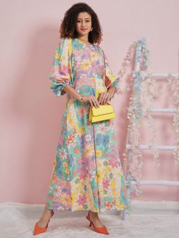 AAREIN - Lavender Round Neck Floral Printed A-Line Casual Dress