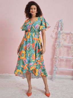 AAREIN - Green Flared Sleeves V-Neck Printed Wrap Casual Dress