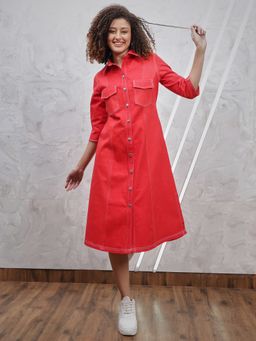 AAREIN - Red Three-Quarter Sleeves Shirt Collar Solid A-Line Casual Dress