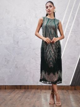 AAREIN - Green Sleeveless Round Neck Embellished A-Line Party Dress