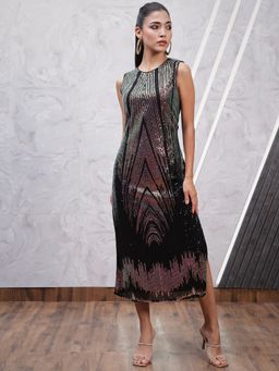 AAREIN - Black Sleeveless Round Neck Embellished A-Line Party Dress