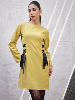 AAREIN - Yellow Full Sleeves Boat Neck Solid A-Line Party Dress