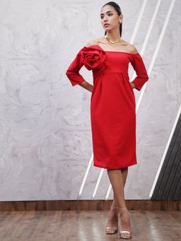 AAREIN - Red Off-Shoulder Solid A-Line Party Dress