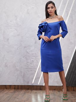 AAREIN - Cobalt Blue Off-Shoulder Solid A-Line Party Dress