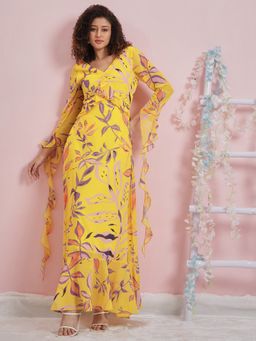 AAREIN - Yellow Full Sleeves V-Neck Printed Maxi Casual Dress