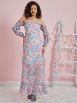 AAREIN - Blue Full Sleeves Off-Shoulder Printed Maxi Casual Dress
