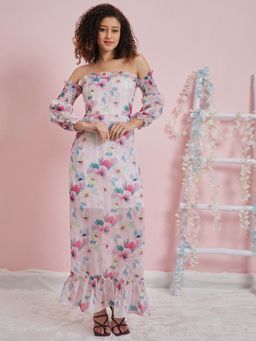 AAREIN - Pink Multi Full Sleeves Off-Shoulder Floral Printed Maxi Casual Dress