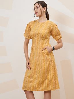 AAREIN - Brown Half Sleeves Round Neck Printed A-Line Formal Dress