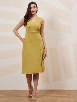 AAREIN - Green Sleeveless V-Neck Solid Sheath Formal Dress