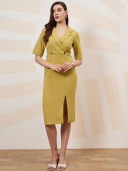 AAREIN - Green Half Sleeves Collar Neck Solid Sheath Formal Dress