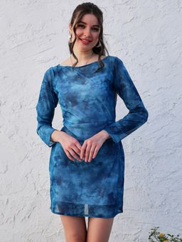 AAREIN - Blue Full Sleeves Boat Neck Printed Bodycon Casual Dress