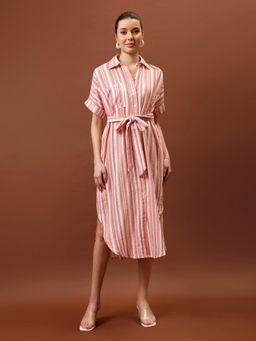 AAREIN - Orange Half Sleeves Shirt Collar Striped Dress