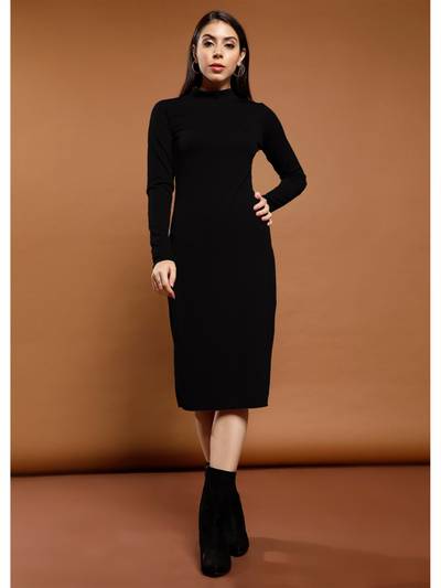 Black Full Sleeves High Neck Solid Bodycon Casual Dress