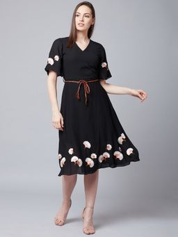 AAREIN - Black Half Sleeves V-Neck Printed Party Dress