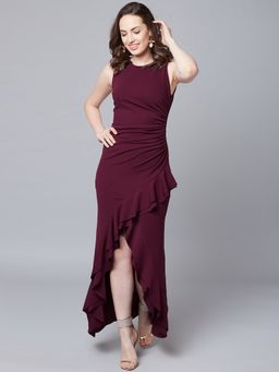 AAREIN - Burgundy Sleeveless Round Neck Solid Maxi Party Dress