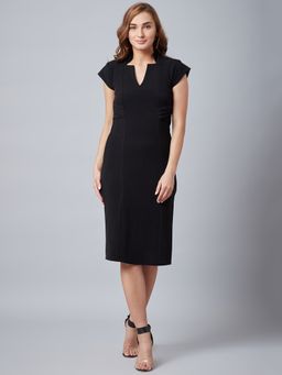AAREIN - Black Cap Sleeves V-Neck Solid Sheath Formal Dress