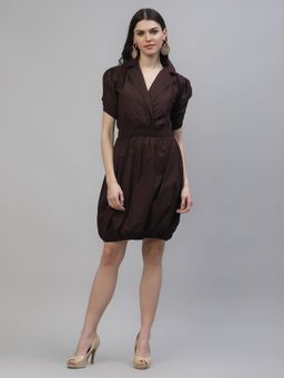 AAREIN - Brown Half Sleeves V-Neck Solid Casual Dress