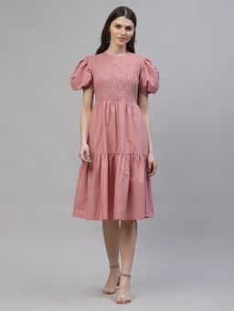 AAREIN - Pink Round Neck Solid Casual Dress