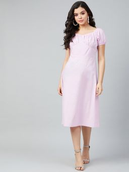 AAREIN - Lavender Half Sleeves Sweetheart Neck Solid A-Line Casual Dress