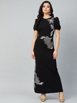 AAREIN - Black Half Sleeves Round Neck Embroidered Sheath Party Dress