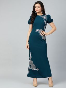 AAREIN - Teal Half Sleeves Round Neck Embroidered Sheath Party Dress